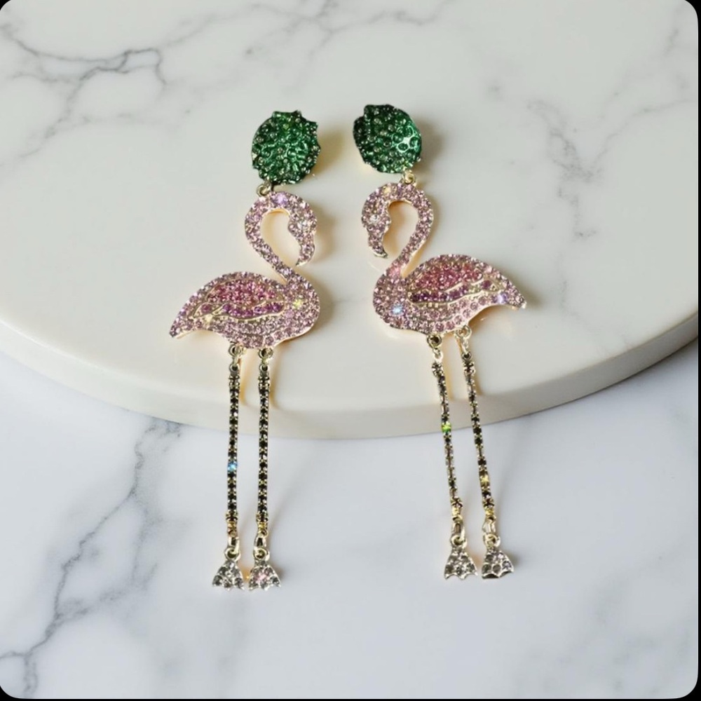 Pink and Green‎ Flamingo Earrings Rhinestone fashion jewelry